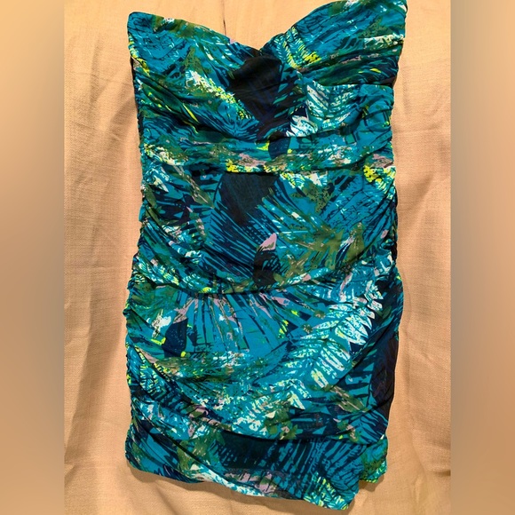 Tropical strapless summer stretchy sundress Turquoise sz L juniors. - Picture 3 of 6